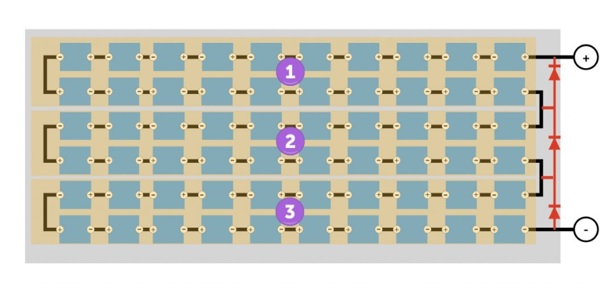 3 dãy cell pin, sử dụng 3 điốt bán dẫn để tách cell pin bị che bóng